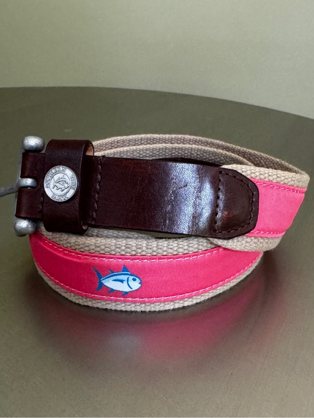 Southern Tide 38 Coral Pink & Tan Canvas Web Belt Skipjack 38 - Picture 4 of 9